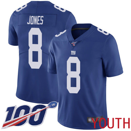 Youth New York Giants #8 Daniel Jones Royal Blue Team Color Vapor Untouchable Limited Player 100th Season Football NFL Jersey